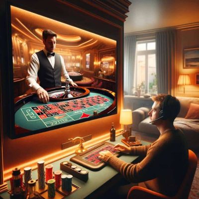 a man playing on big screen tv live casino roulette